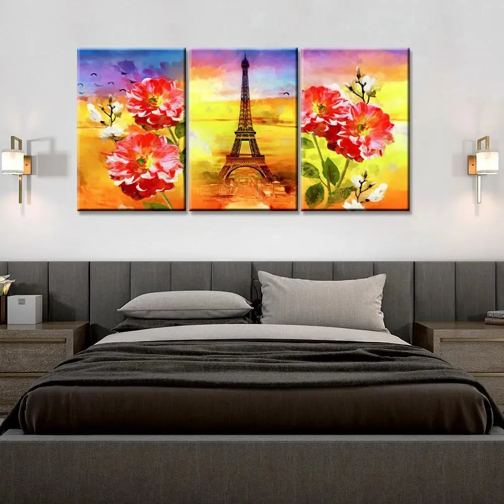 Eiffel tower with rose flowers 3 Pieces Canvas Printed Painting