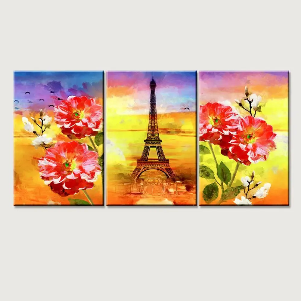 Eiffel tower with rose flowers 3 Pieces Canvas Printed Painting