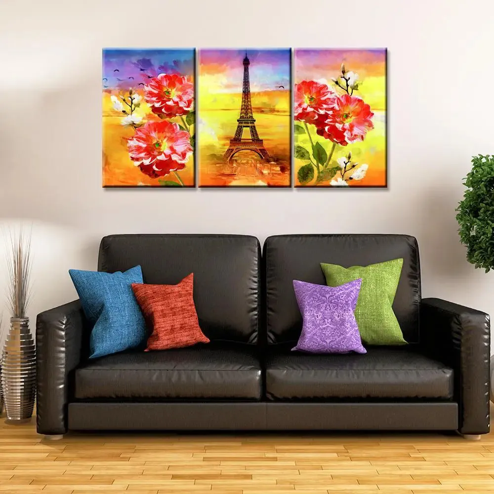 Eiffel tower with rose flowers 3 Pieces Canvas Printed Painting