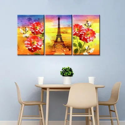 Eiffel tower with rose flowers 3 Pieces Canvas Printed Painting