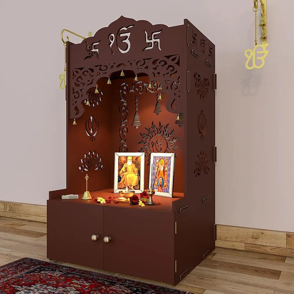 Ek-onkar Home Temple with Inbuilt Focus Light &amp; Spacious Wooden Shelf- Brown