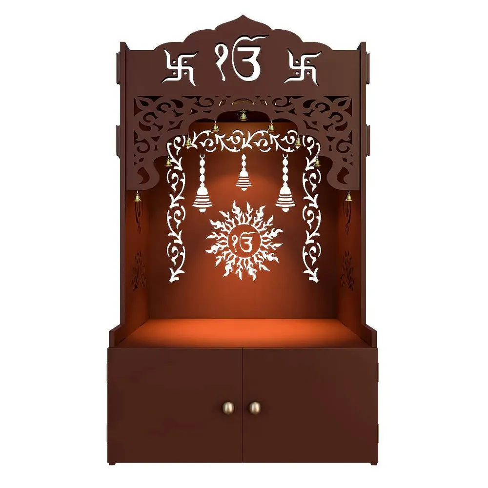 Ek-onkar Home Temple with Inbuilt Focus Light &amp; Spacious Wooden Shelf- Brown
