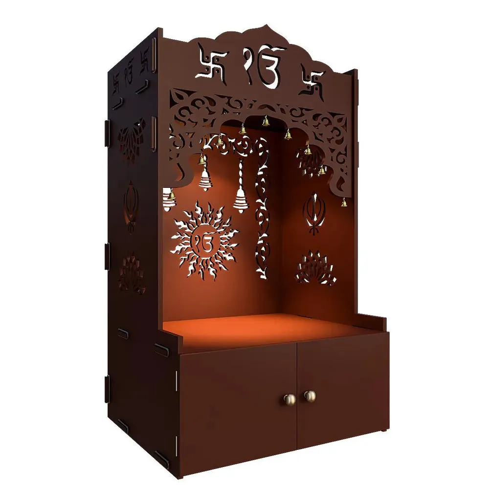 Ek-onkar Home Temple with Inbuilt Focus Light &amp; Spacious Wooden Shelf- Brown