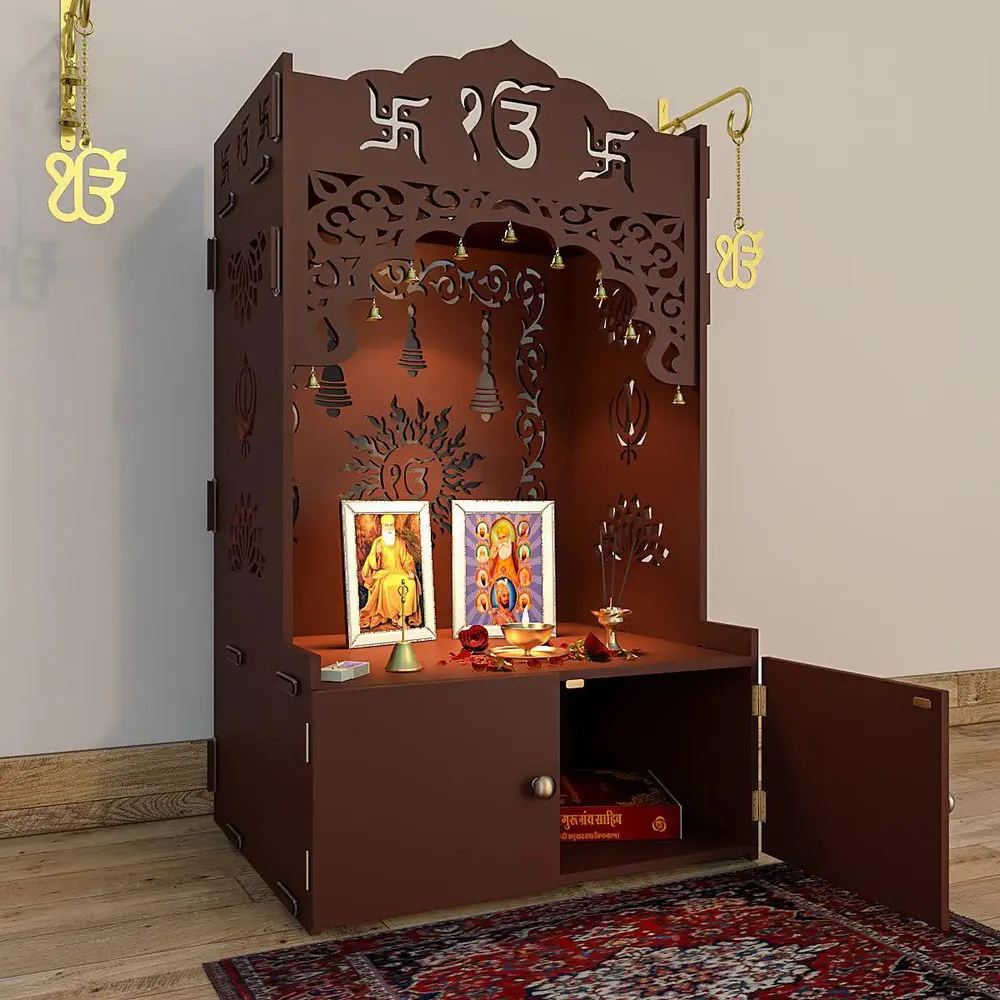 Ek-onkar Home Temple with Inbuilt Focus Light &amp; Spacious Wooden Shelf- Brown