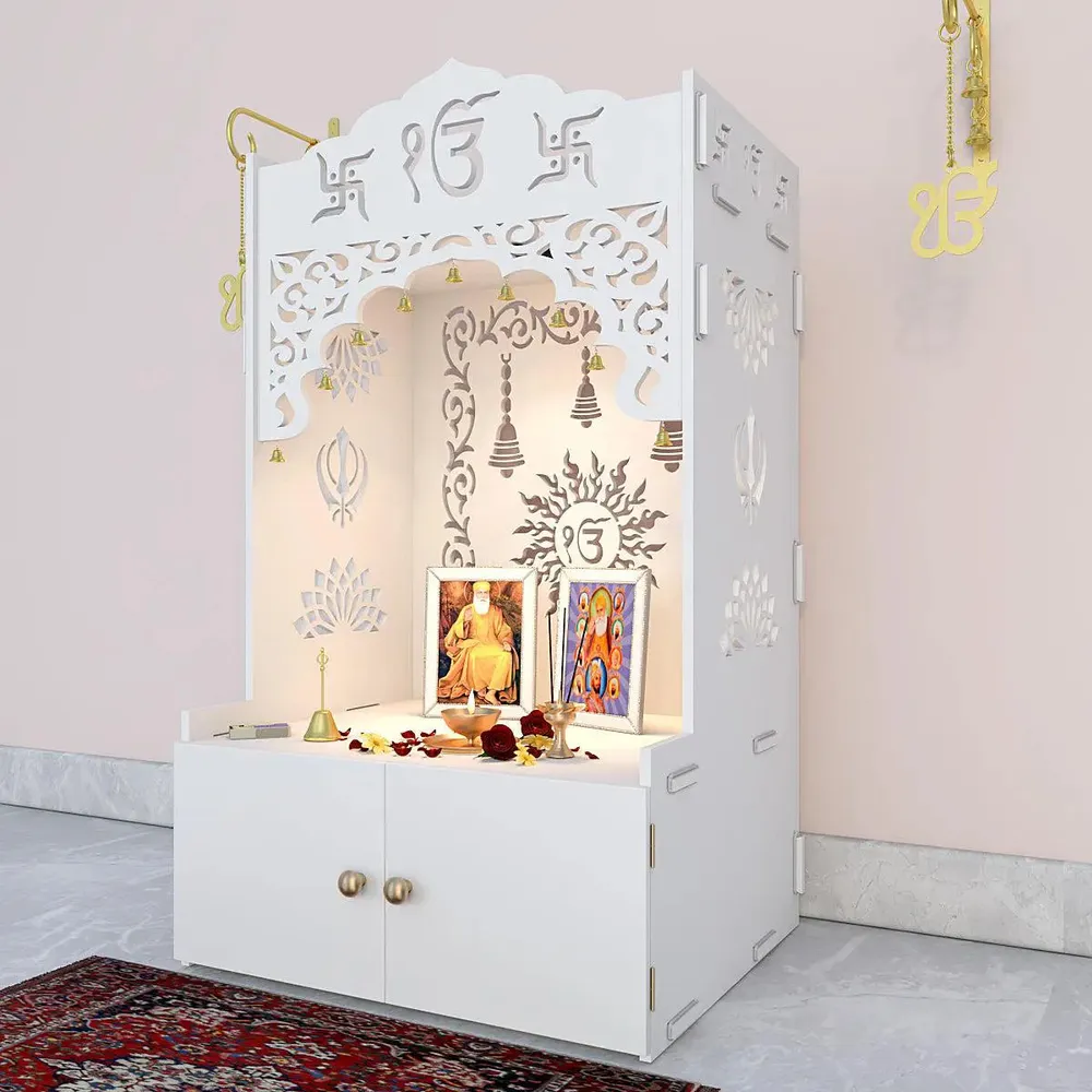 Ek-onkar Home Temple with Inbuilt Focus Light &amp; Spacious Wooden Shelf- White