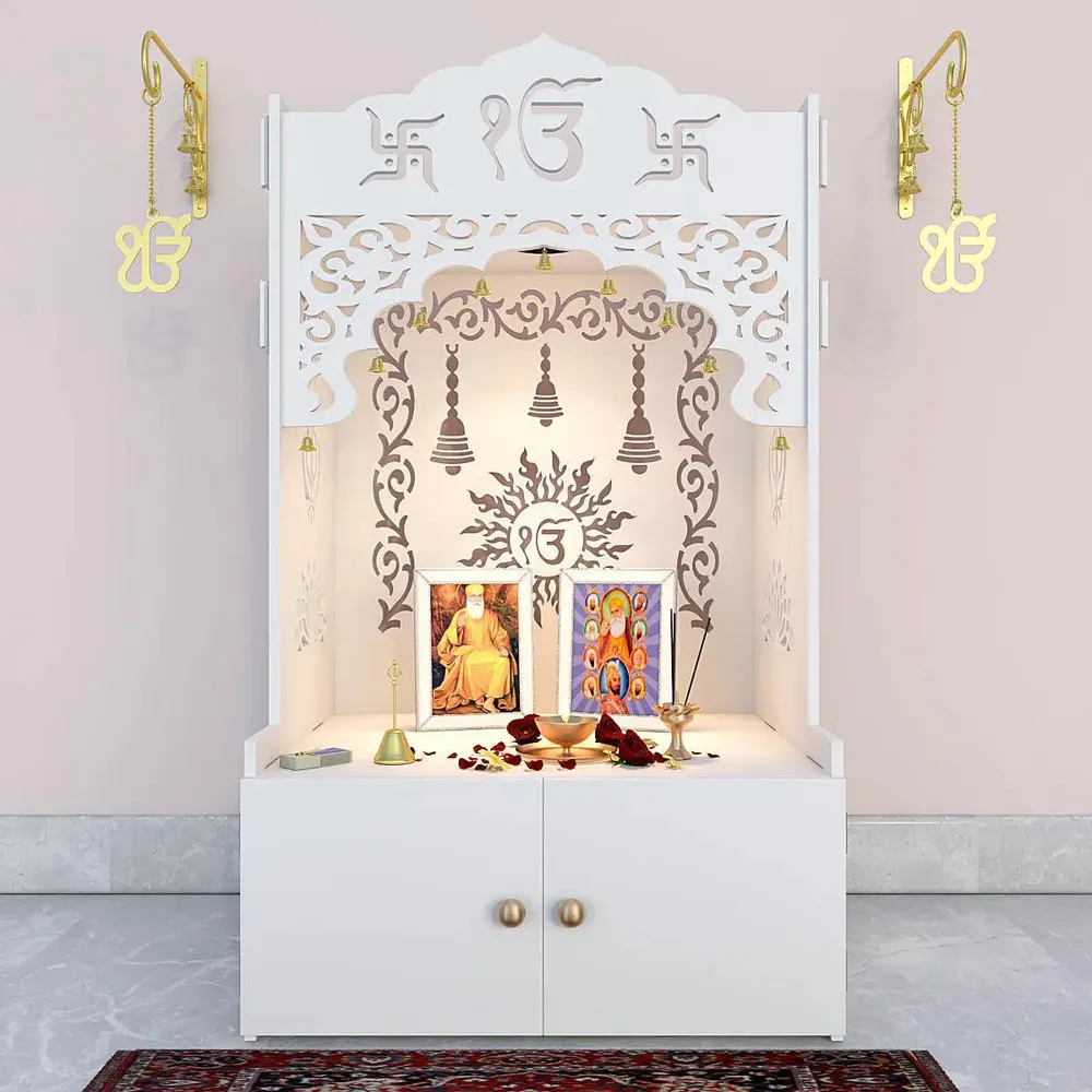 Ek-onkar Home Temple with Inbuilt Focus Light &amp; Spacious Wooden Shelf- White