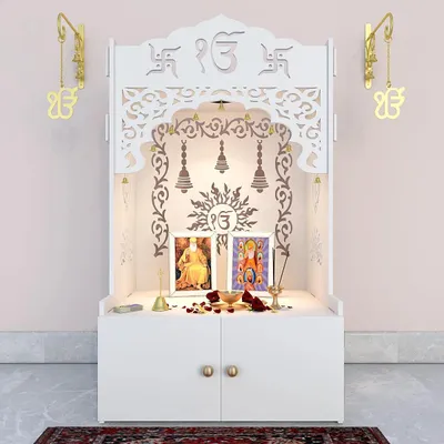 Ek-onkar Home Temple with Inbuilt Focus Light &amp; Spacious Wooden Shelf- White
