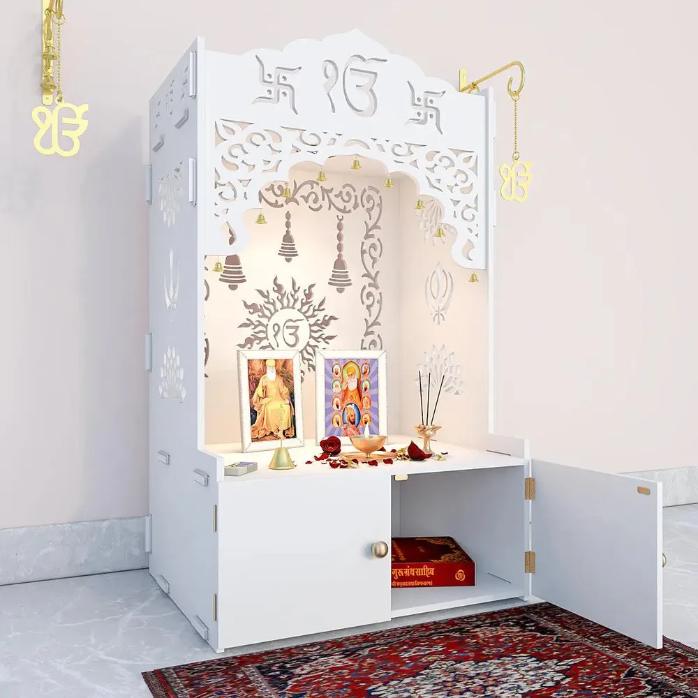 Ek-onkar Home Temple with Inbuilt Focus Light &amp; Spacious Wooden Shelf- White