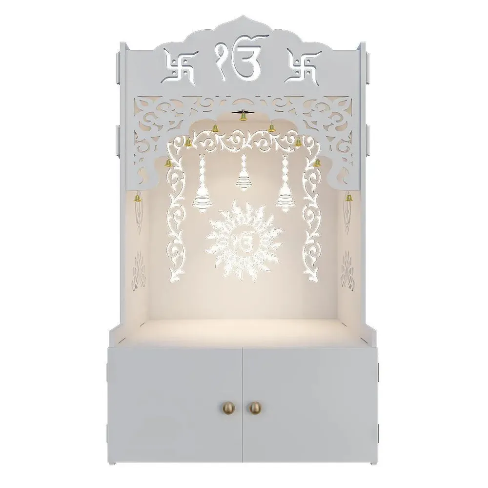 Ek-onkar Home Temple with Inbuilt Focus Light &amp; Spacious Wooden Shelf- White