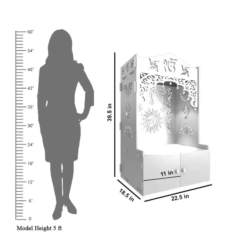 Ek-onkar Home Temple with Inbuilt Focus Light &amp; Spacious Wooden Shelf- White