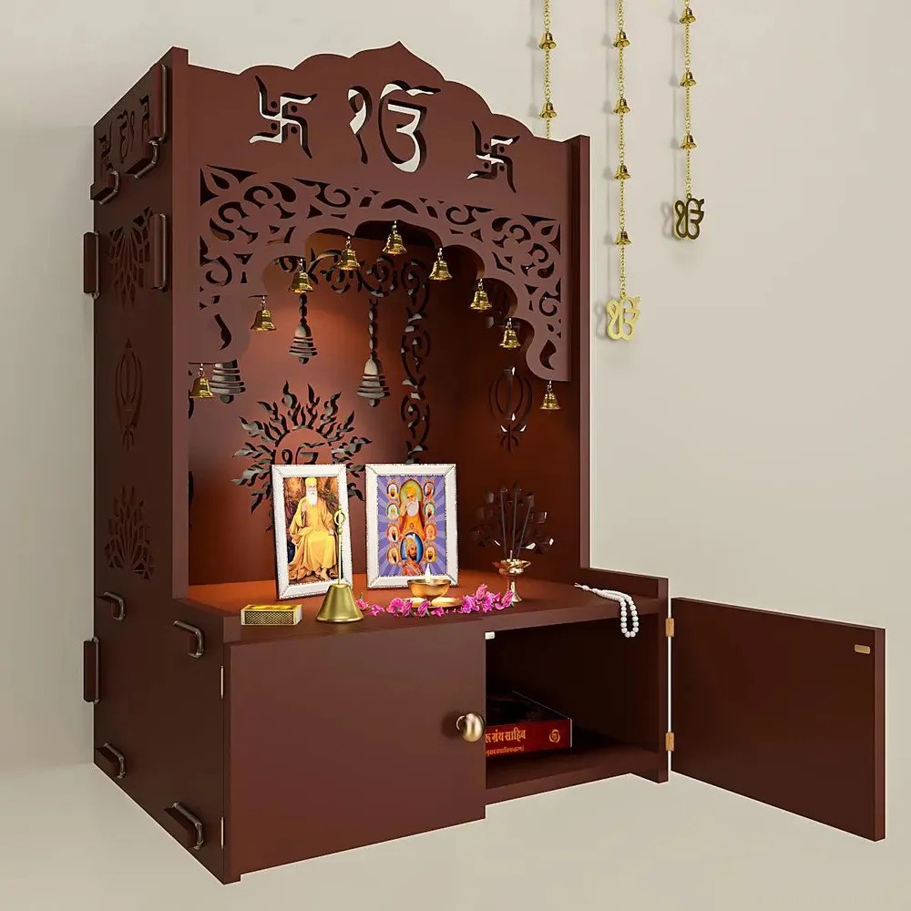 Ek-onkar Wall Temple with Inbuilt Focus Light &amp; Spacious Wooden Shelf- Brown