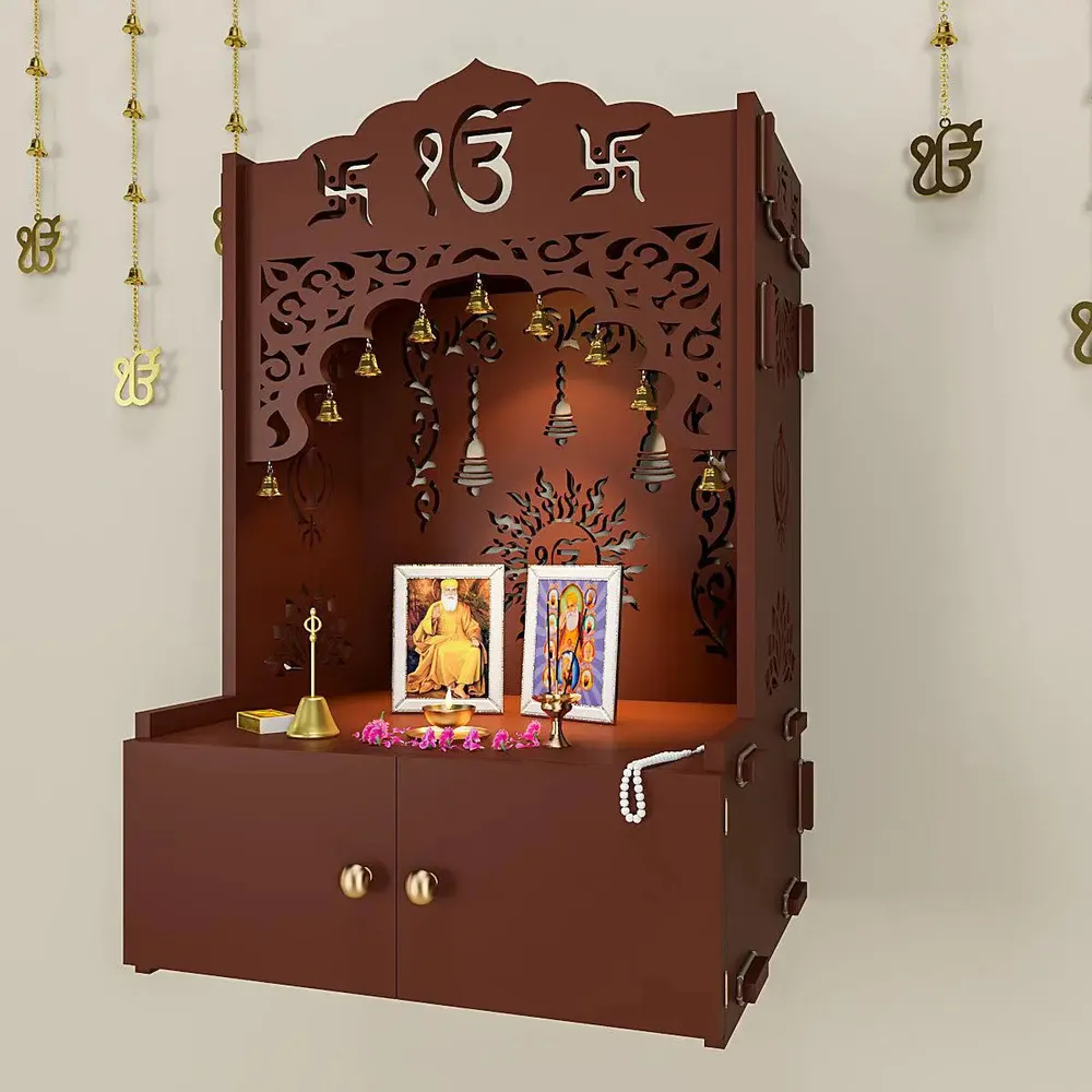 Ek-onkar Wall Temple with Inbuilt Focus Light &amp; Spacious Wooden Shelf- Brown