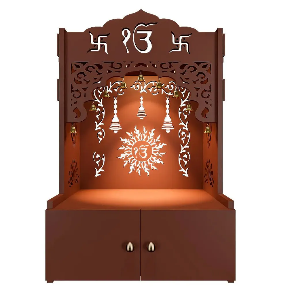 Ek-onkar Wall Temple with Inbuilt Focus Light &amp; Spacious Wooden Shelf- Brown