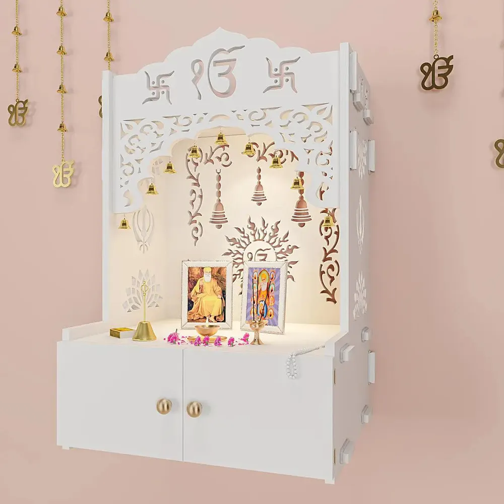 Ek-onkar Wall Temple with Inbuilt Focus Light & Spacious Wooden Shelf- White