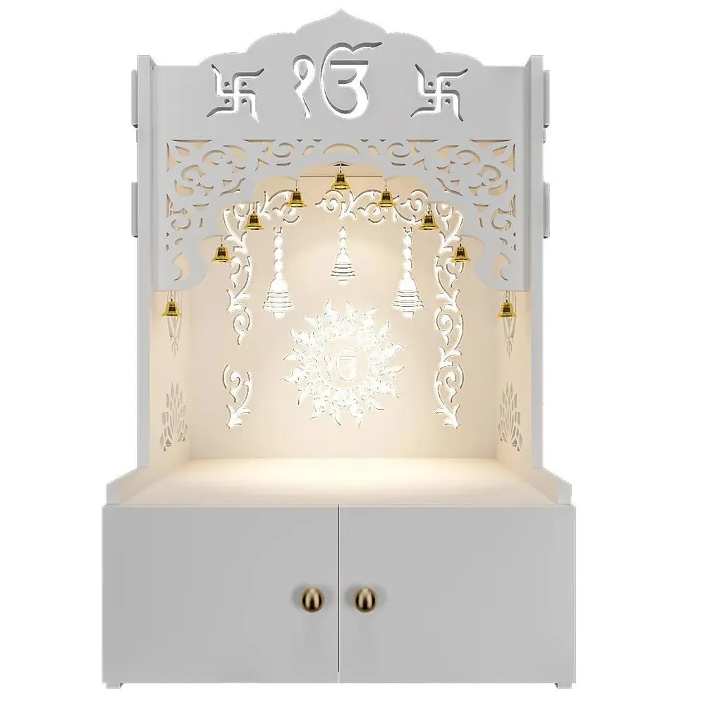 Ek-onkar Wall Temple with Inbuilt Focus Light & Spacious Wooden Shelf- White