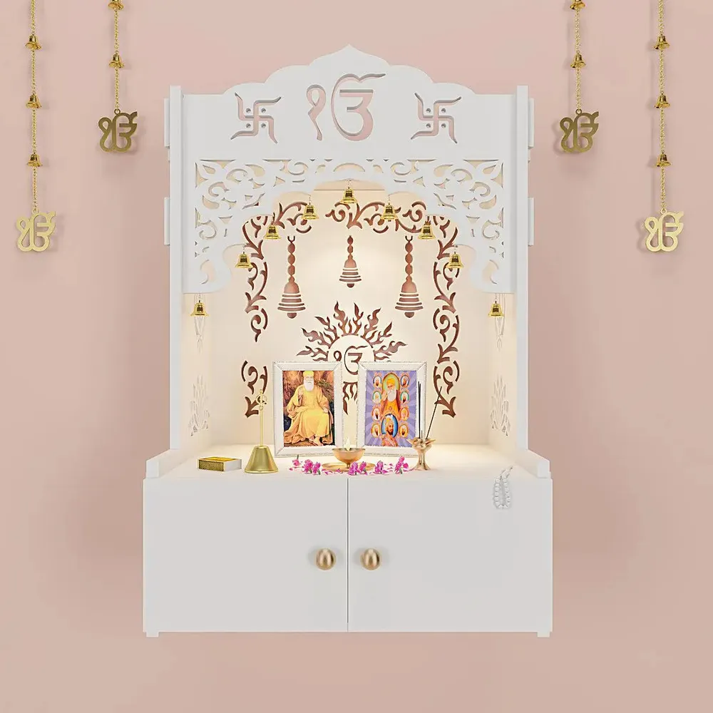 Ek-onkar Wall Temple with Inbuilt Focus Light & Spacious Wooden Shelf- White