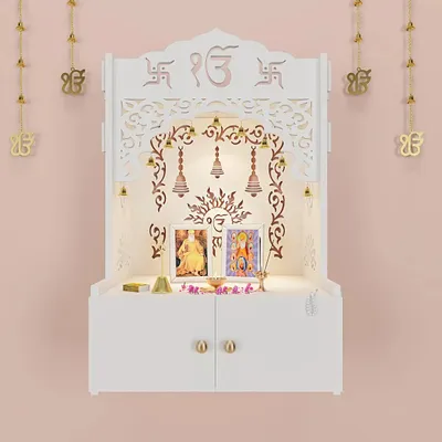 Ek-onkar Wall Temple with Inbuilt Focus Light & Spacious Wooden Shelf- White
