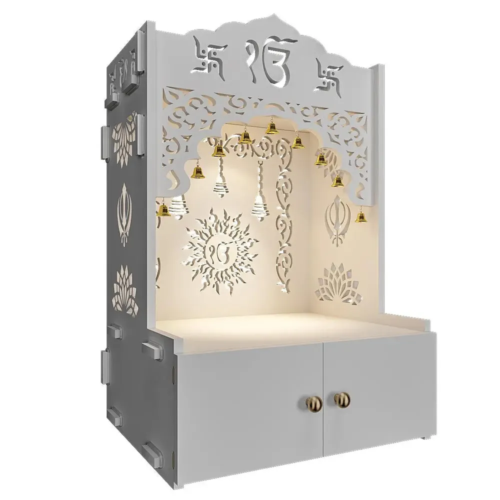 Ek-onkar Wall Temple with Inbuilt Focus Light & Spacious Wooden Shelf- White