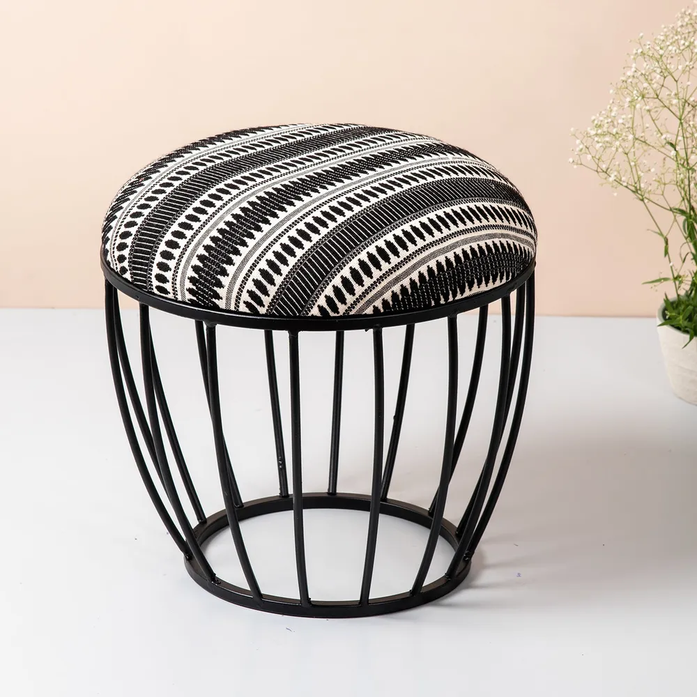 Elegant Black and White Printed Woven Metal Ottoman Stool