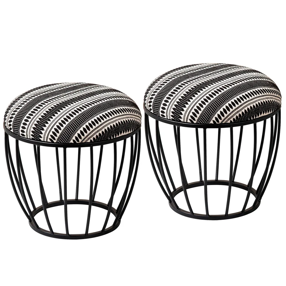 Elegant Black and White Printed Woven Metal Ottoman Stool Set Of 2