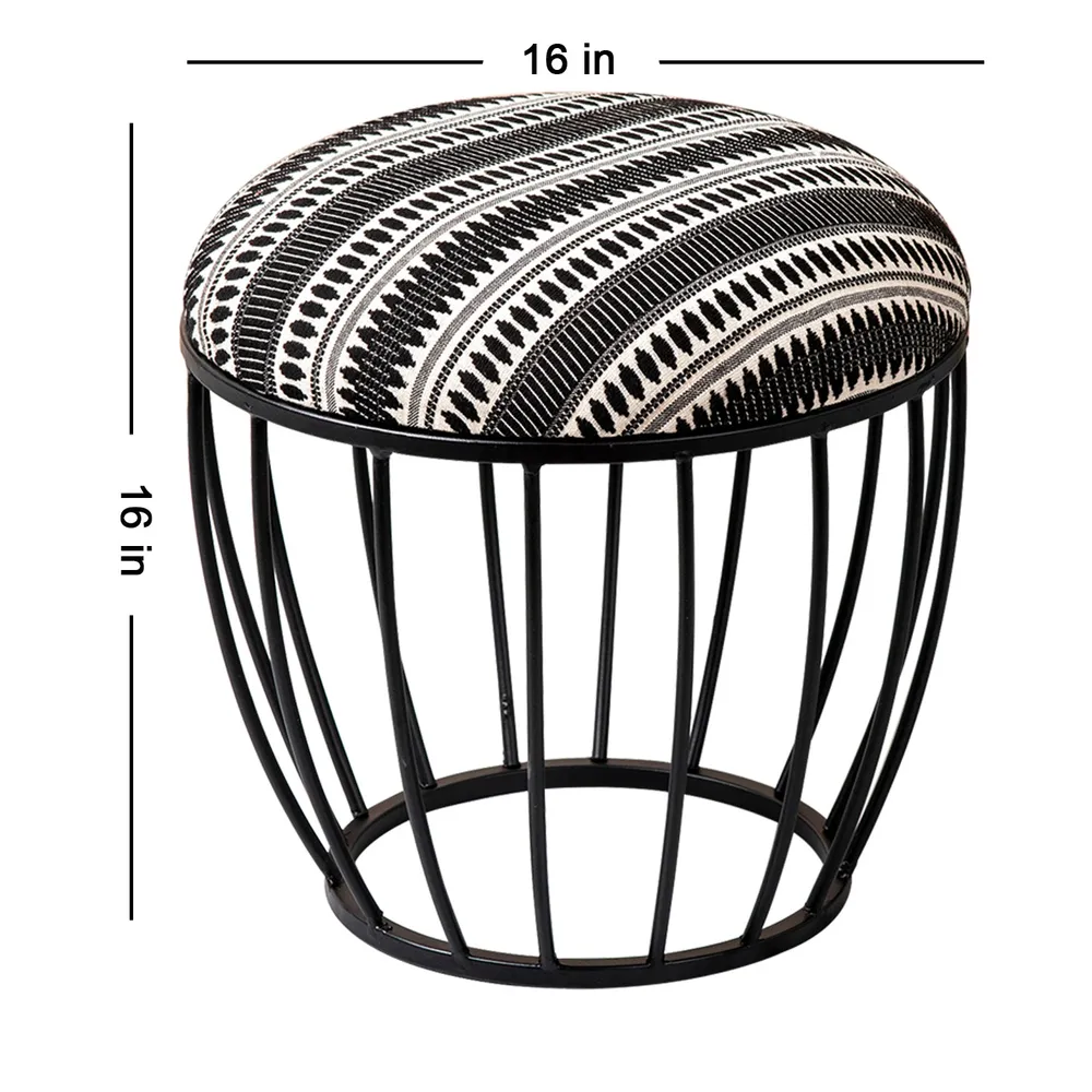 Elegant Black and White Printed Woven Metal Ottoman Stool Set Of 2