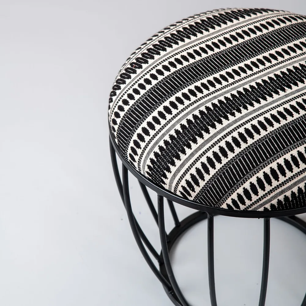 Elegant Black and White Printed Woven Metal Ottoman Stool Set Of 2