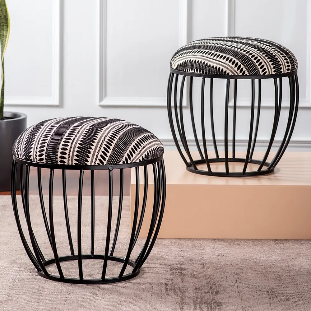 Elegant Black and White Printed Woven Metal Ottoman Stool Set Of 2