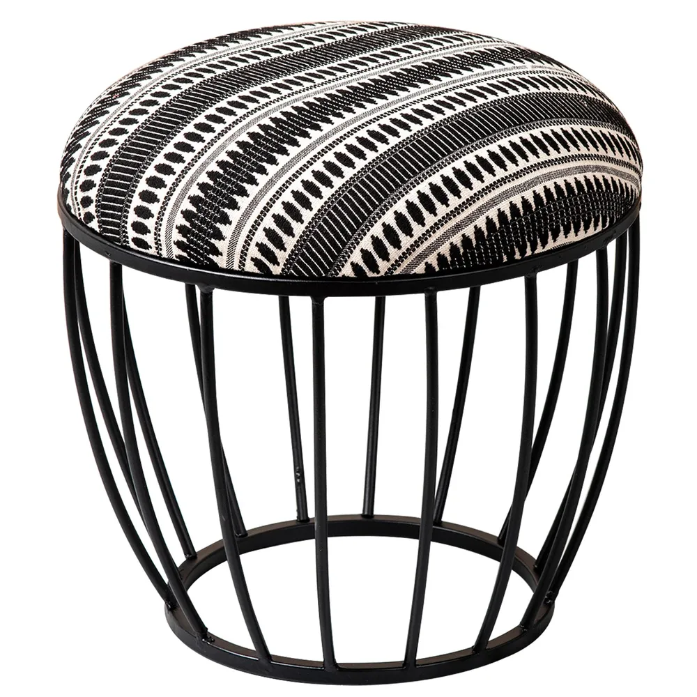 Elegant Black and White Printed Woven Metal Ottoman Stool Set Of 2