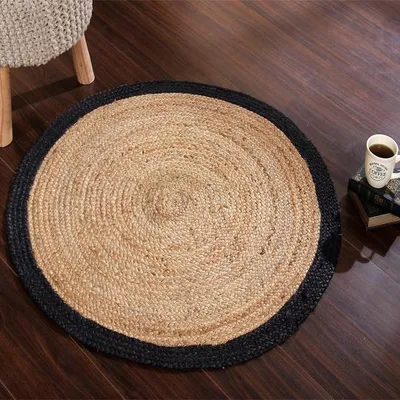 Elegant Black Bordered Round Jute Rug
