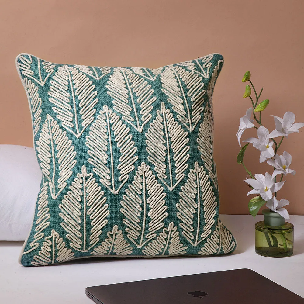 Elegant Blue Fern Embroidered and Tufted 100% Cotton Square Cushion Cover Set Of 1