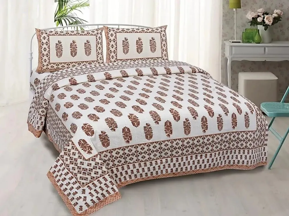 Elegant Brown 144 TC Cotton Double Bedsheet with Pillow Covers
