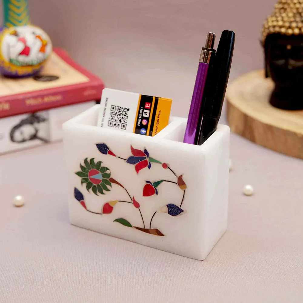 Elegant Floral Printed White Base Marble Pen Stand
