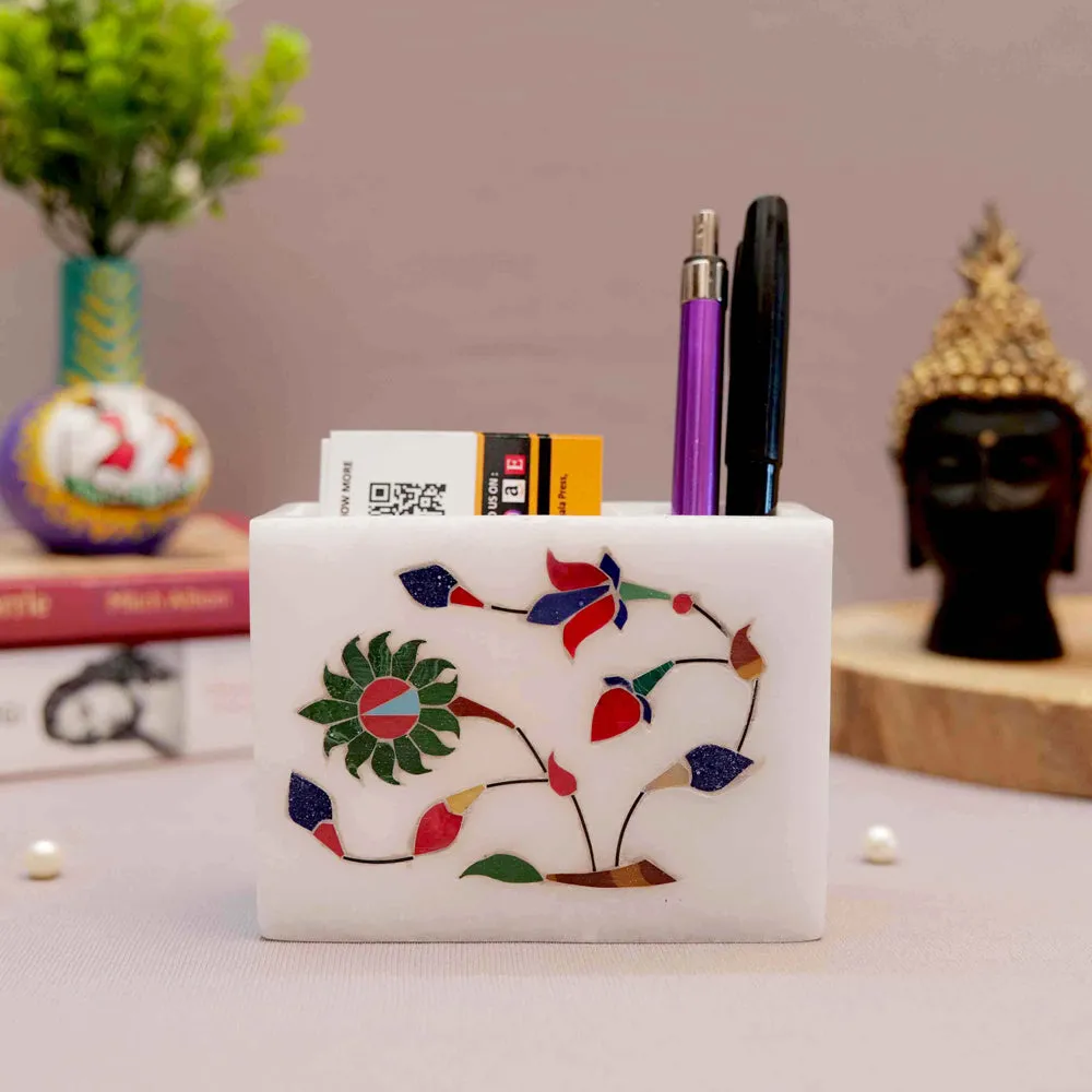 Elegant Floral Printed White Base Marble Pen Stand