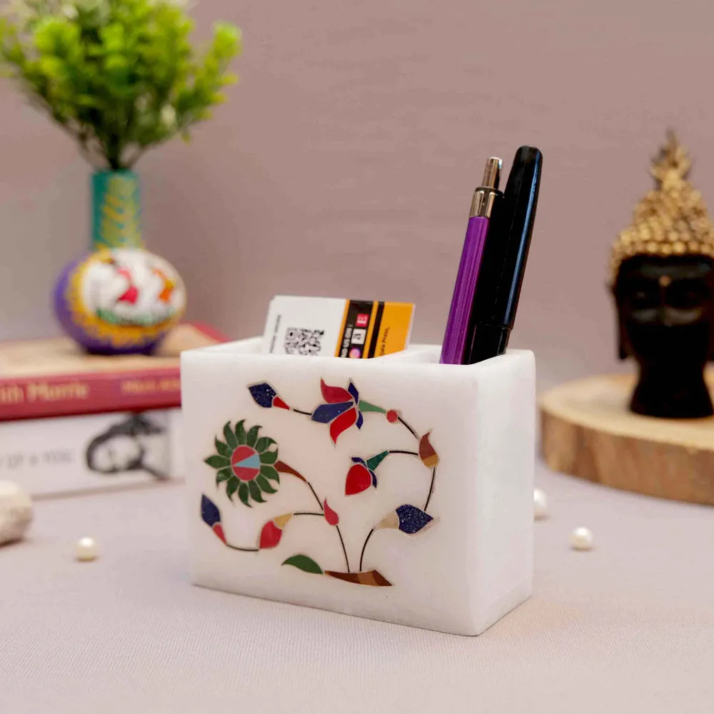 Elegant Floral Printed White Base Marble Pen Stand