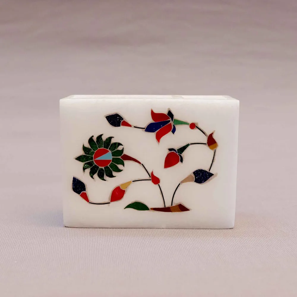 Elegant Floral Printed White Base Marble Pen Stand