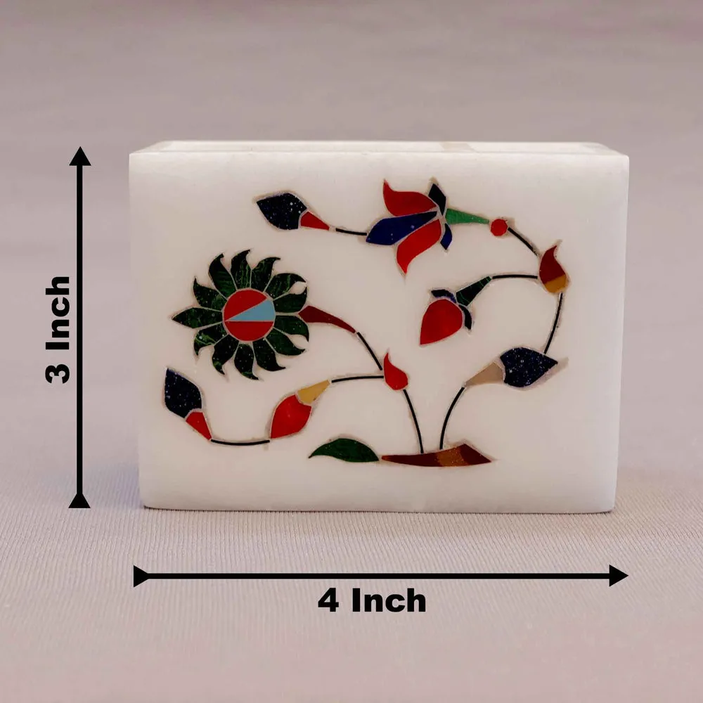 Elegant Floral Printed White Base Marble Pen Stand