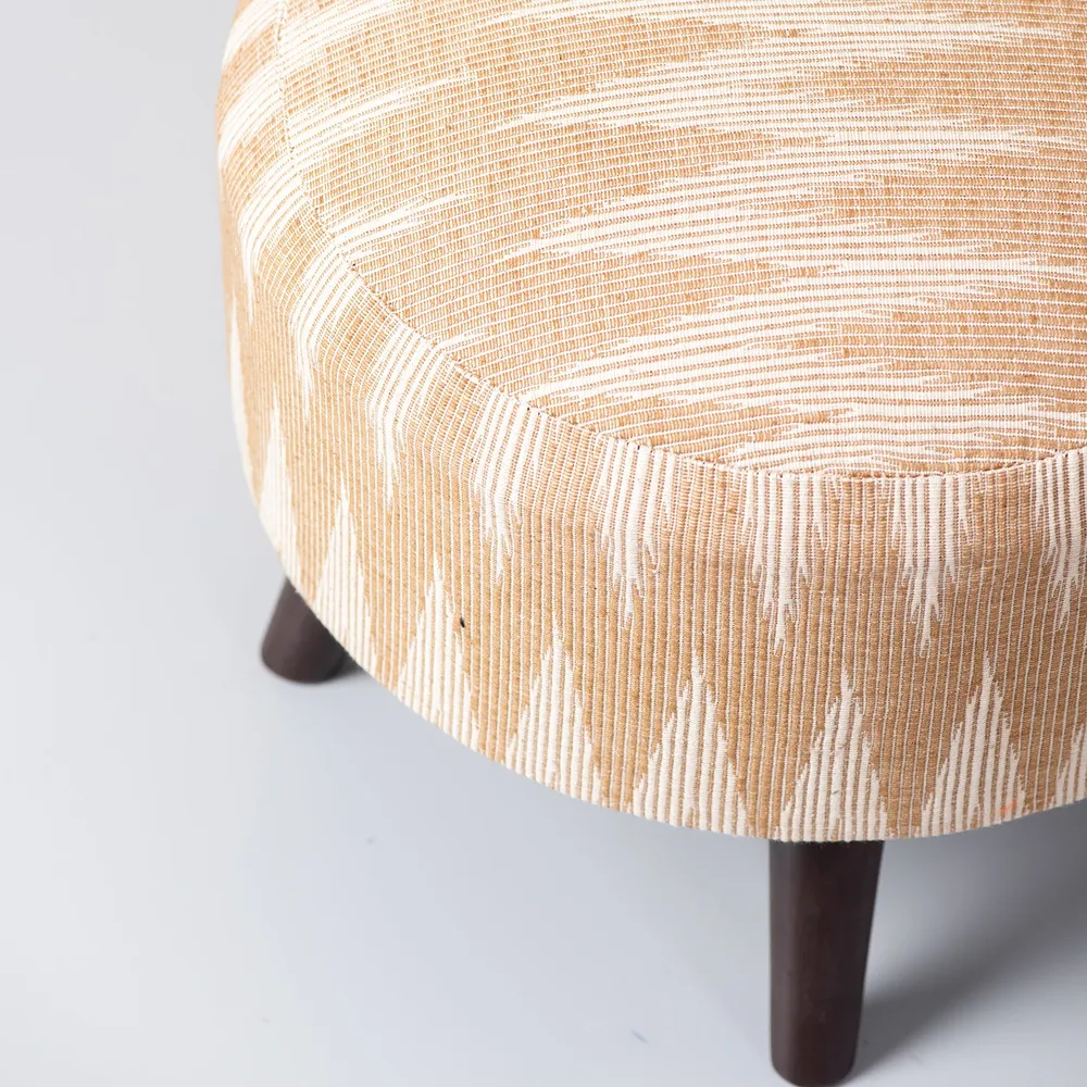 Elegant Ikat Print Light Pink Peach Shade Woven Jacquard Cotton Upholstered Ottoman Wood Stool