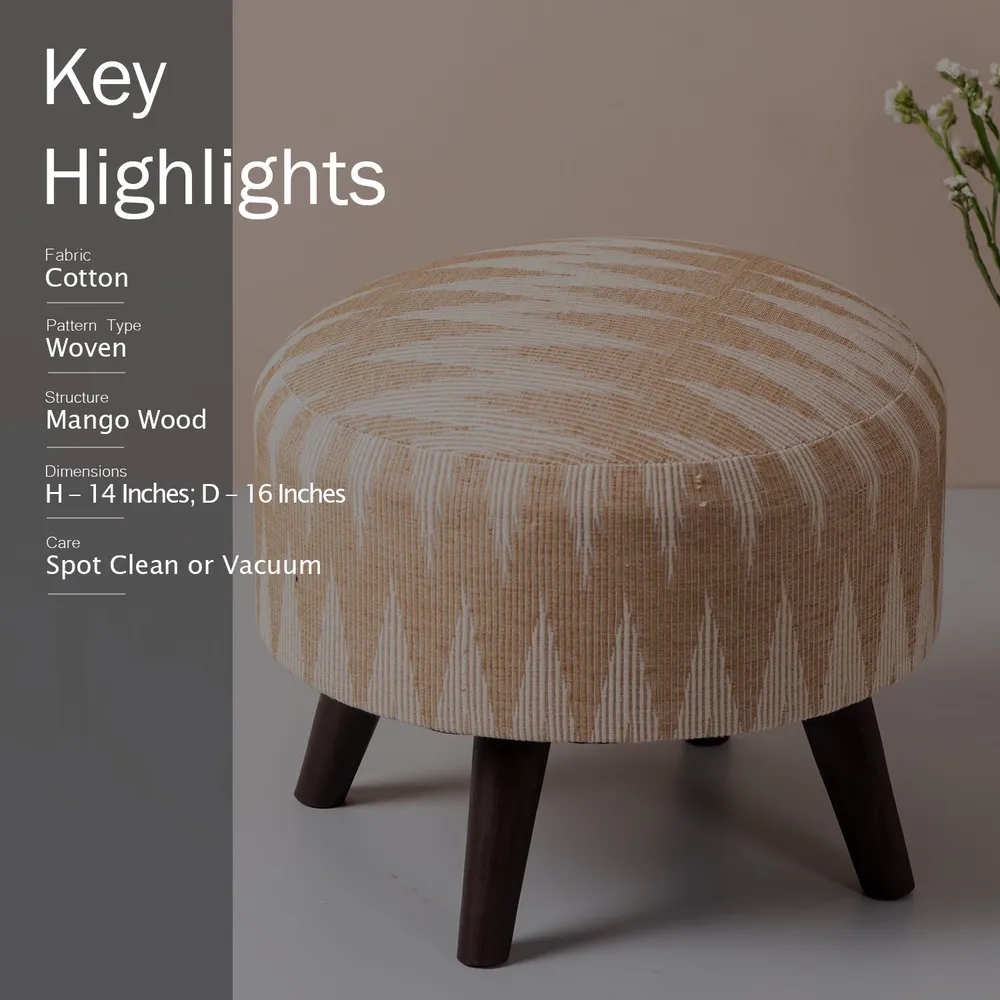 Elegant Ikat Print Light Pink Peach Shade Woven Jacquard Cotton Upholstered Ottoman Wood Stool