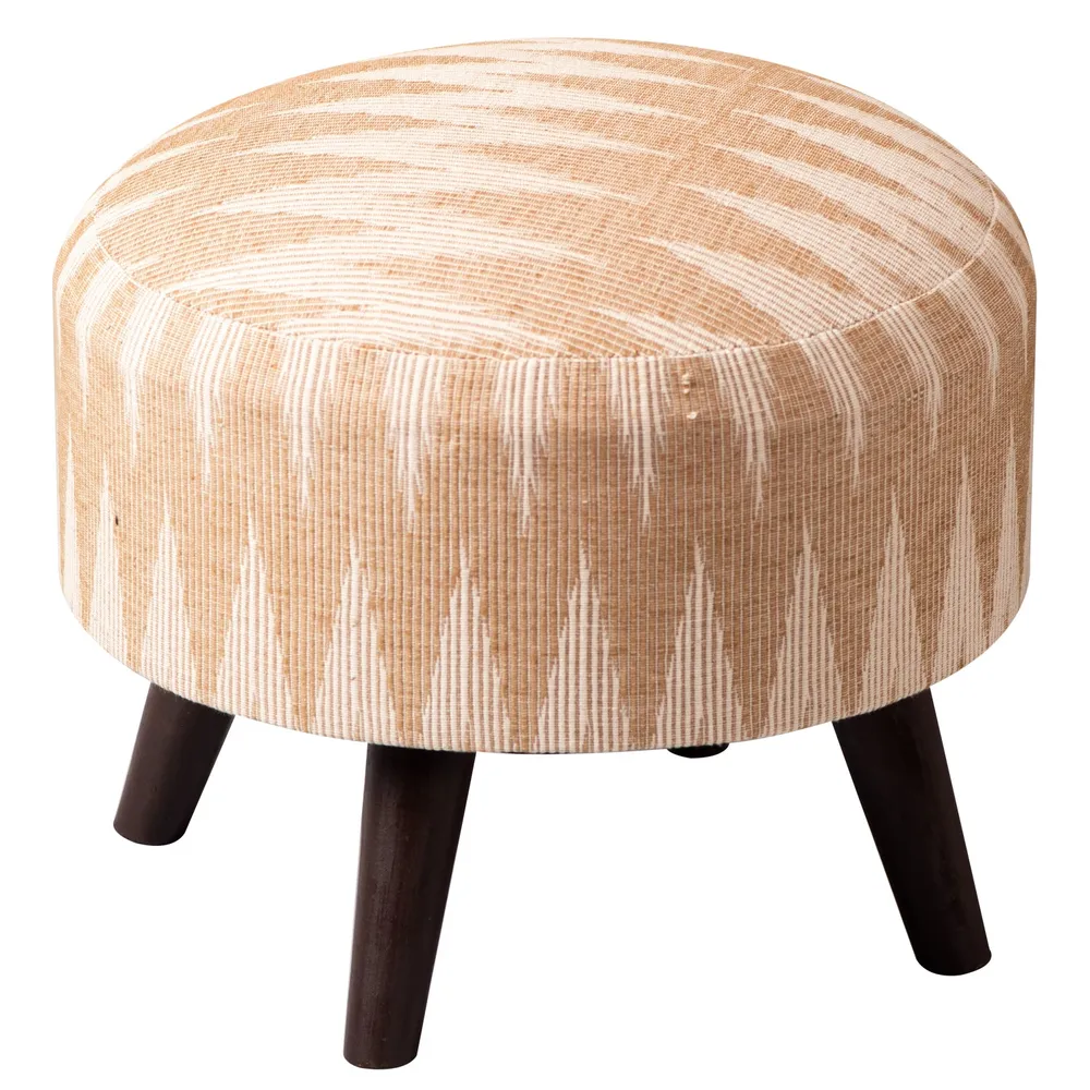 Elegant Ikat Print Light Pink Peach Shade Woven Jacquard Cotton Upholstered Ottoman Wood Stool
