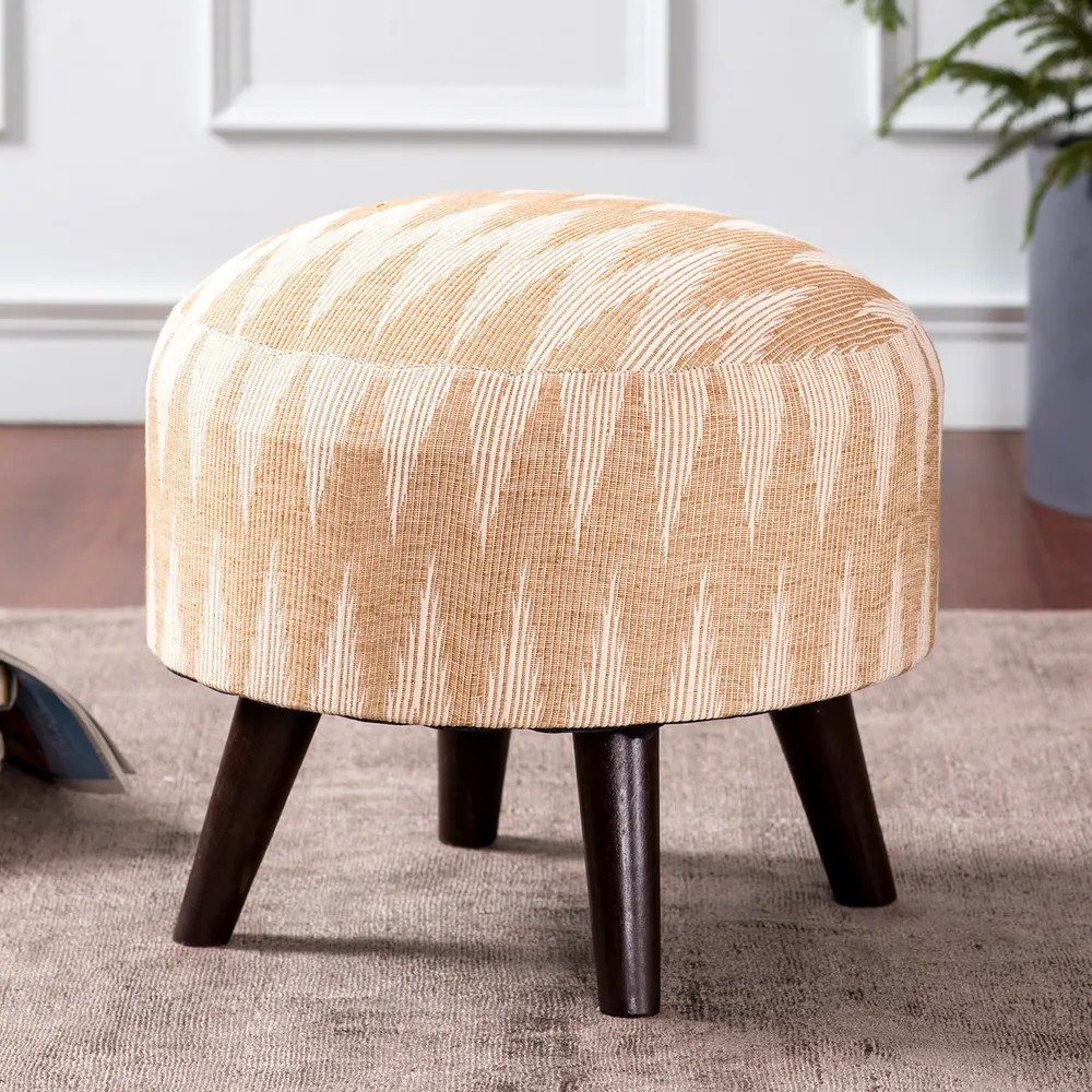 Elegant Ikat Print Light Pink Peach Shade Woven Jacquard Cotton Upholstered Ottoman Wood Stool