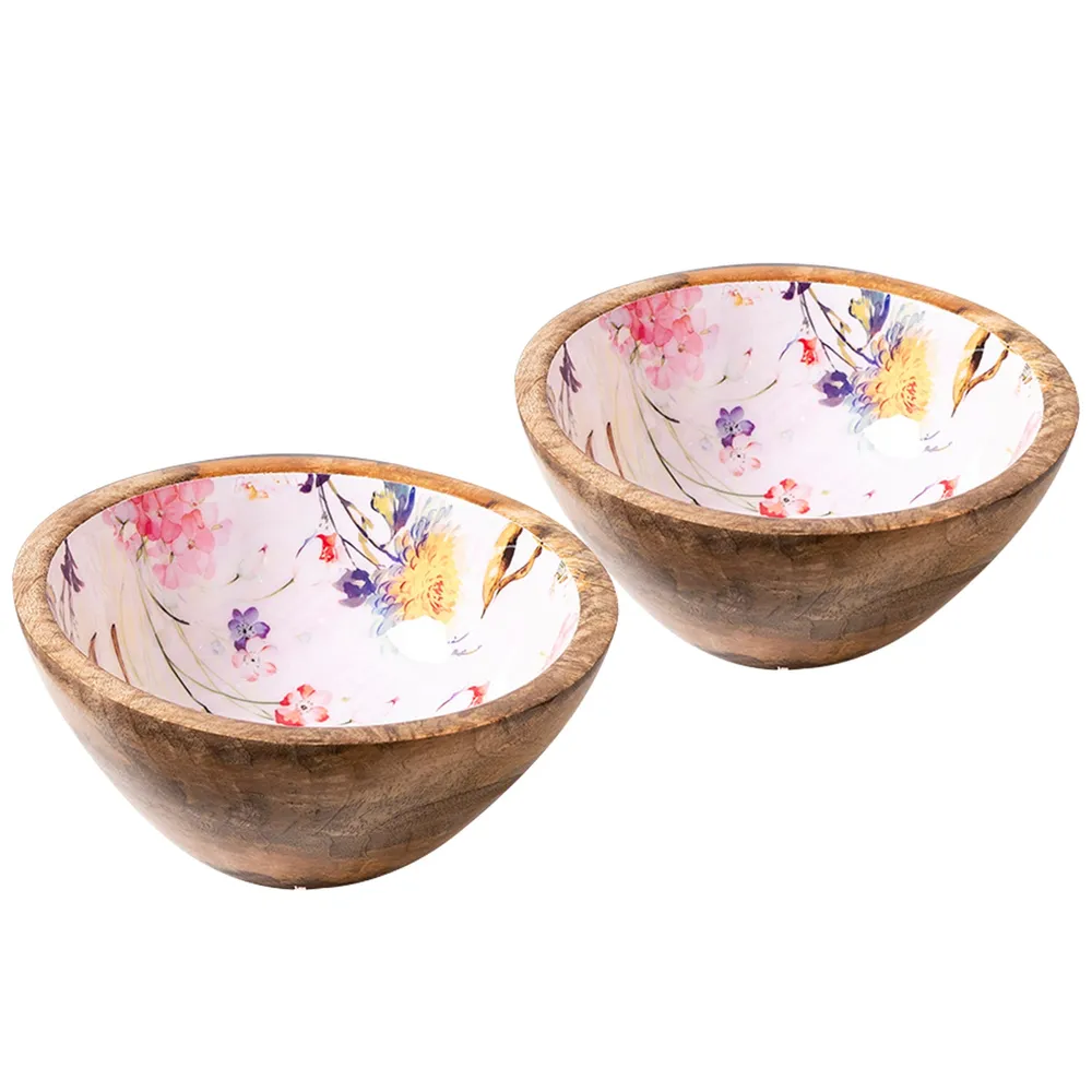 Elegant Pink Enamel Print Wood Serving Bowl Set Of 2