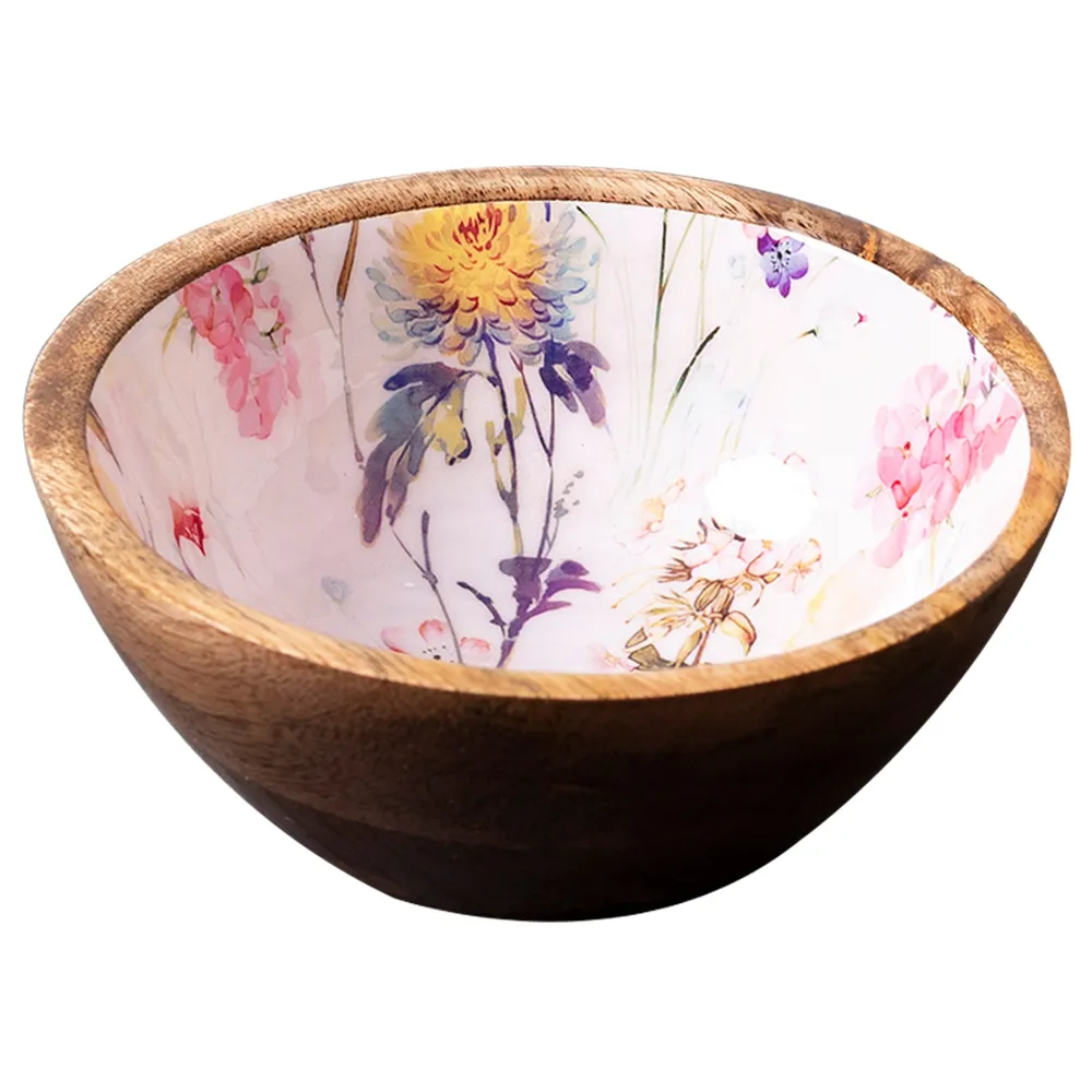 Elegant Pink Enamel Print Wood Serving Bowl Set Of 2