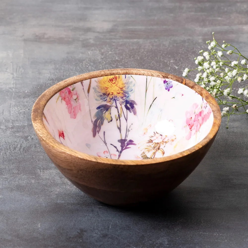 Elegant Pink Enamel Print Wood Serving Bowl Set Of 2