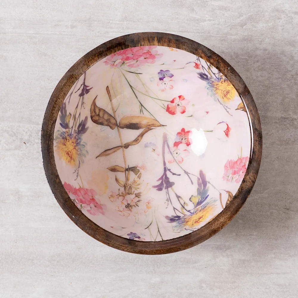 Elegant Pink Enamel Print Wood Serving Bowl Set Of 2