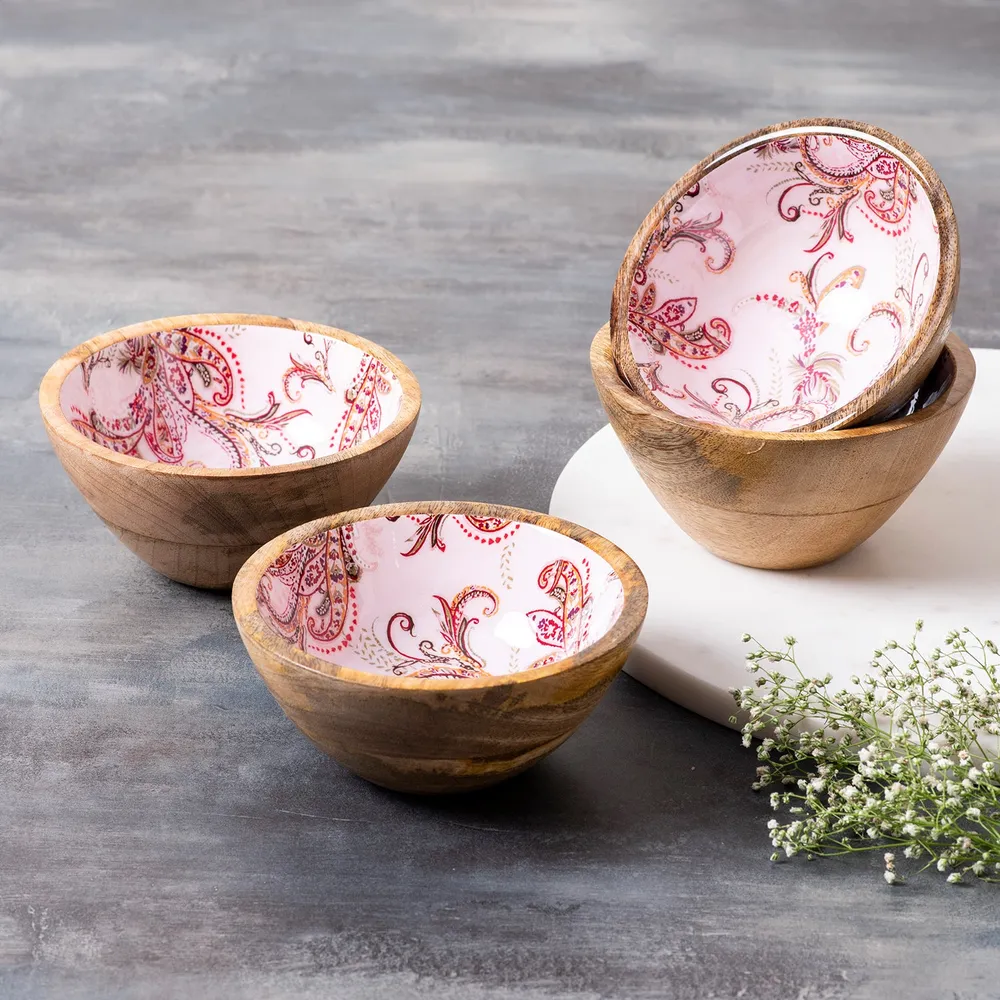 Elegant Pink Enamel Print Wood Serving Bowl Set Of 4