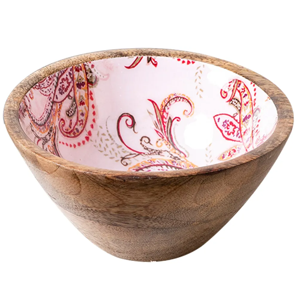 Elegant Pink Enamel Print Wood Serving Bowl Set Of 4