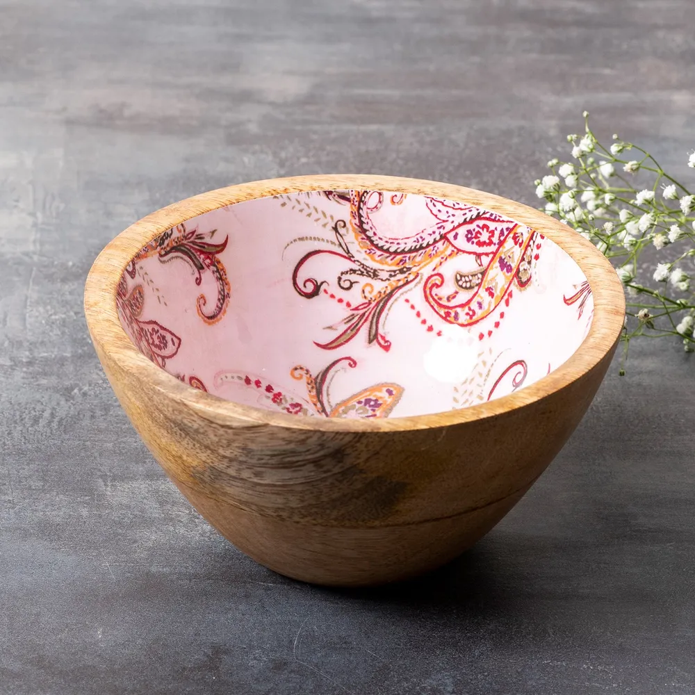 Elegant Pink Enamel Print Wood Serving Bowl Set Of 4