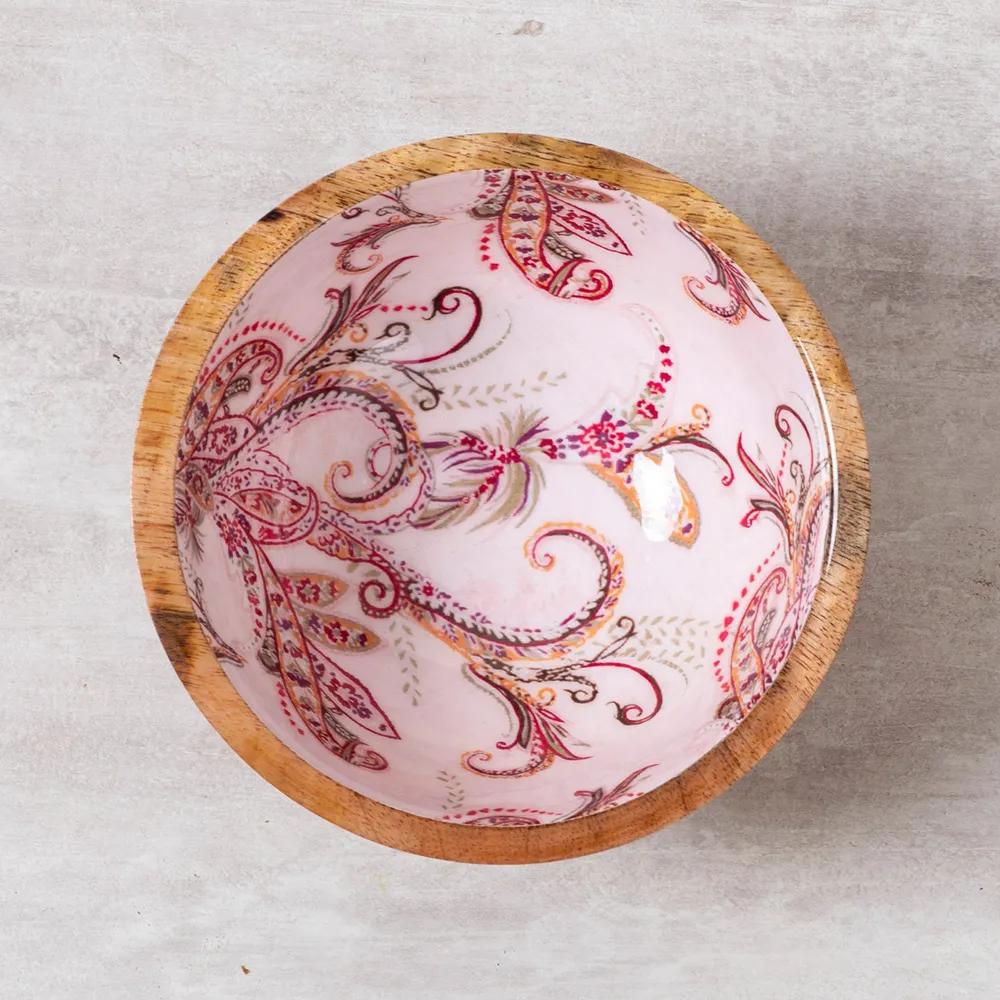 Elegant Pink Enamel Print Wood Serving Bowl Set Of 4