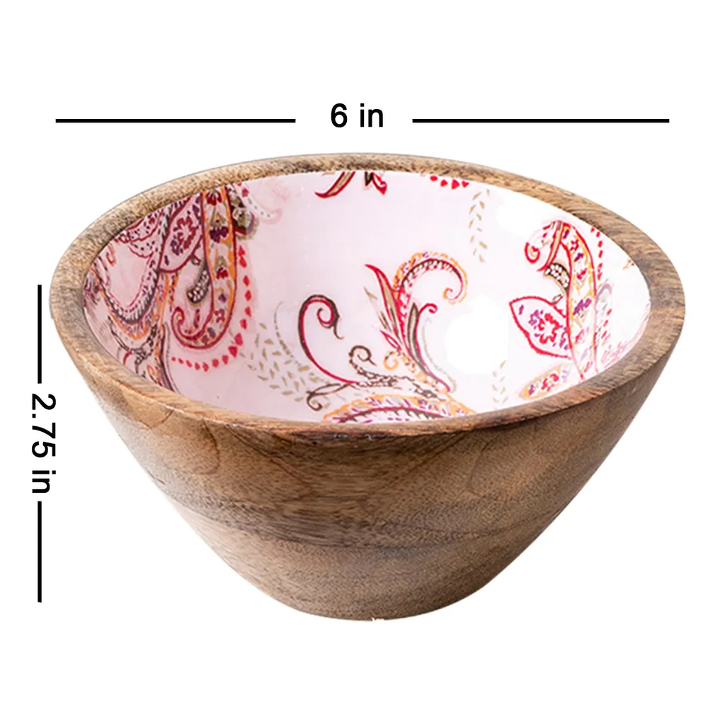 Elegant Pink Enamel Print Wood Serving Bowl Set Of 4