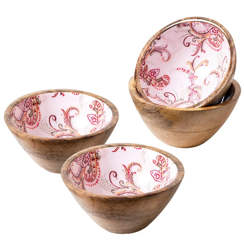 Elegant Pink Enamel Print Wood Serving Bowl Set Of 4